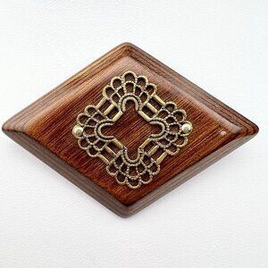 Vintage Mid Century Modern‎ Polished Wood Brooch Pin Gold Tone Geometric